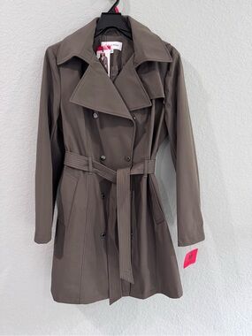 Calvin Klein Olive Taupe Double-Breasted Trench Coat with Belt